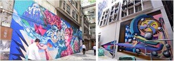 市建局邀请艺术家分别在兴隆街(左图)及机利文新街(右图)，透过外墙壁画艺术创作，为社区面貌添姿彩。