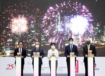 The opening ceremony of the miniature exhibition, entitled “An Art Journey into the Past and Present Urban Reinvention · Advance Beyond 25” is officiated by Managing Director of the URA, Ir Wai Chi-sing (first from the left); Chairman of the URA, Mr Chow Chung-kong (second  from the left); Chief Executive of the HKSAR, the Honourable Mrs Carrie Lam (Middle); Secretary for Development of the HKSAR, Mr Michael Wong (second from the right); and Executive Director and Chief Executive Officer of the CCG, Mr Donald Choi (first from  the right). 