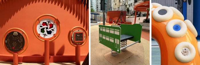 互動觸感牆內容有地區的地標建築(左圖);電車搖搖椅取材自本地電車文化(中圖);八爪魚觸角細節,結合不同材質設計,增強遊戲體驗與感官探索(右圖)。
